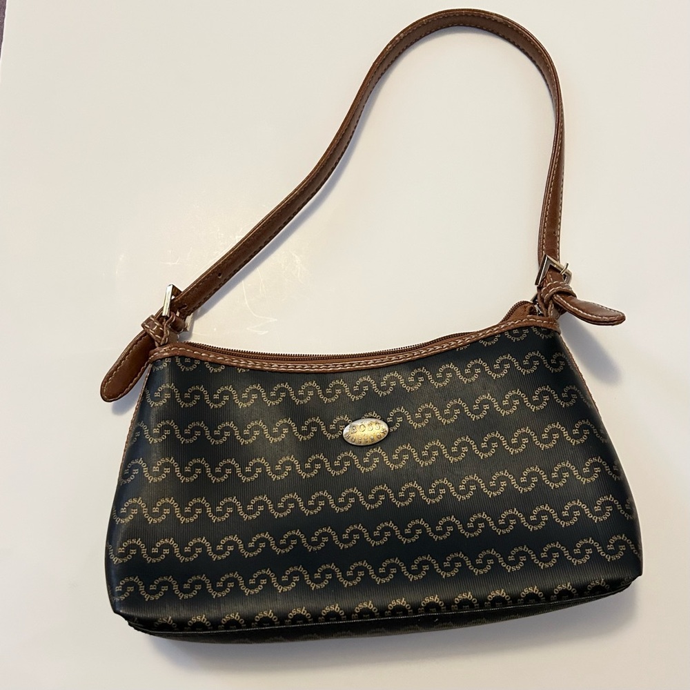 Vintage Boss Bossbon Monogram Shoulder Bag Black Brown 90s Baguette Hobo